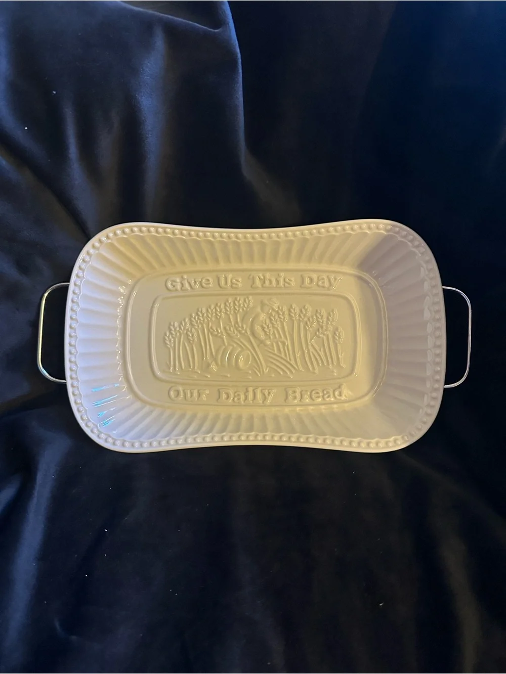 Our Daily Bread Ceramic Bread Tray with wire carrier